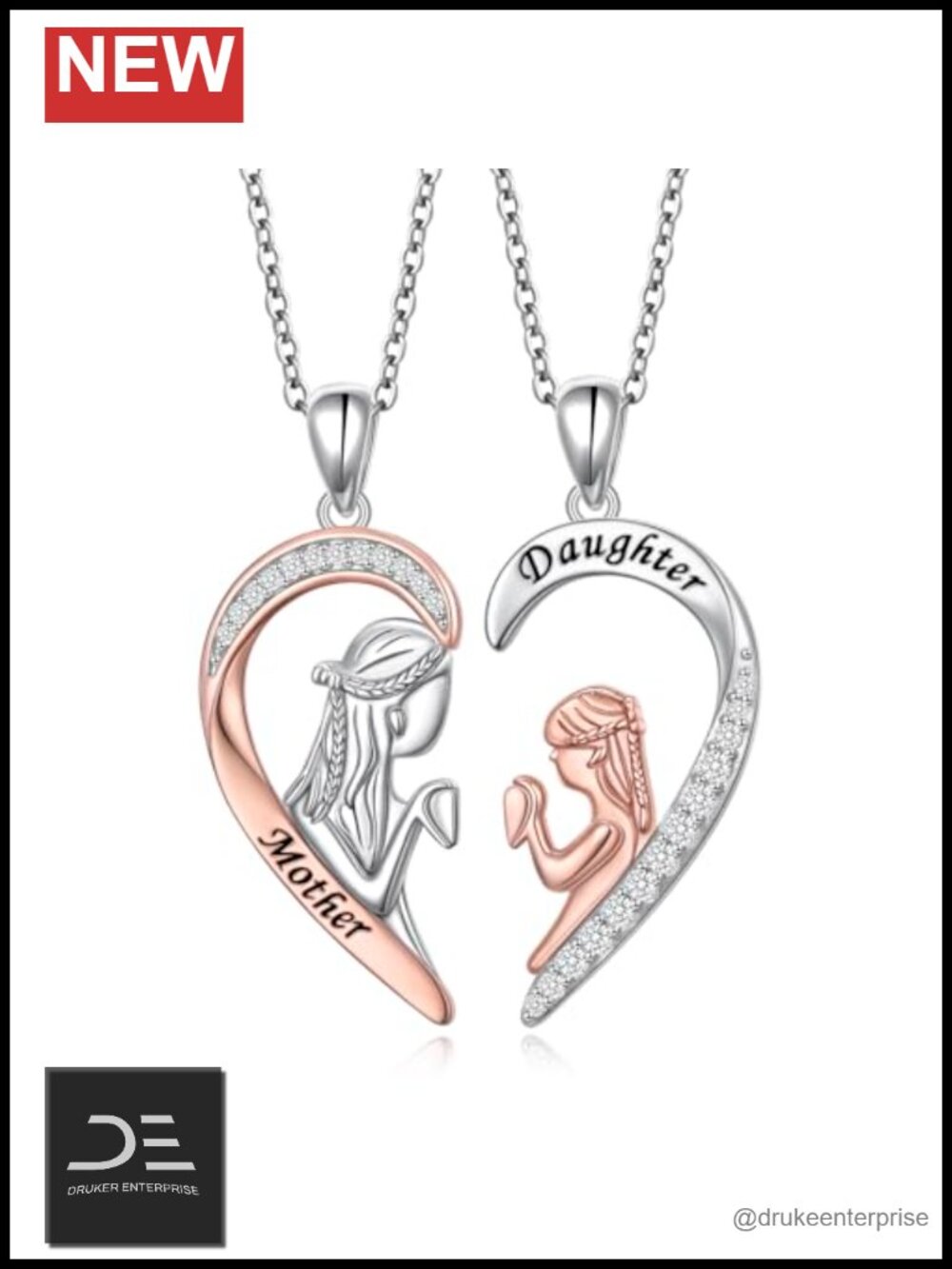 Mother Daughter Necklace Set 925 Sterling Silver 2 Heart Pendants